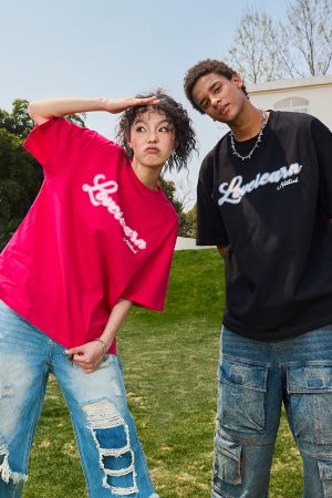 Heavyweight American Vintage Pearl Letter Print Short Sleeve T-Shirt Unisex Loose Fit 2025 Summer Streetwear