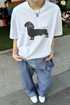 Heavyweight Dachshund Print Short Sleeve T-Shirt - Vintage Unisex Loose Fit, Trendy 90s Inspired Casual Top