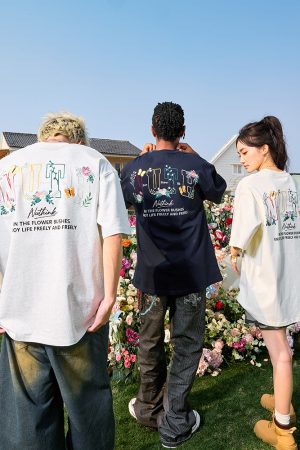 Heavyweight Floral Embroidery Letter Short Sleeve T-Shirt for Men - Streetwear Loose Fit Hip Hop Style - Summer 2025 Fashion