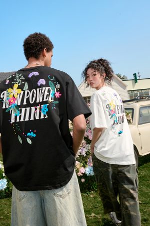 Heavyweight Floral Embroidery T-Shirt for Men and Women, Vintage Streetwear Style, Short Sleeve, 2025 Summer Fashion