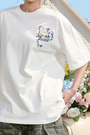 Heavyweight Floral Embroidery T-Shirt for Men and Women, Vintage Streetwear Style, Short Sleeve, 2025 Summer Fashion