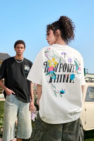 Heavyweight Floral Embroidery T-Shirt for Men and Women, Vintage Streetwear Style, Short Sleeve, 2025 Summer Fashion