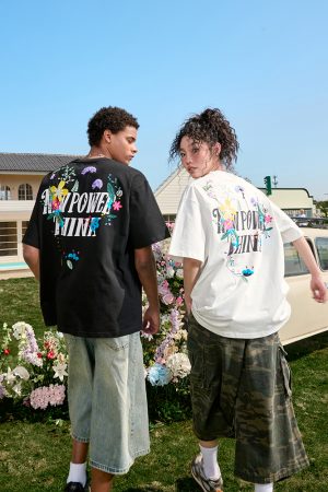 Heavyweight Floral Embroidery T-Shirt for Men and Women, Vintage Streetwear Style, Short Sleeve, 2025 Summer Fashion