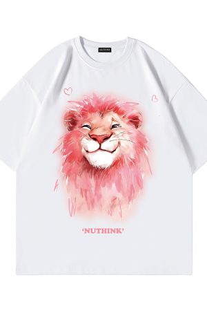 Heavyweight Lion Print Short Sleeve Men's T-Shirt â€“ Trendy Loose Fit Plus Size Summer Style for Couples