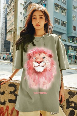 Heavyweight Lion Print Short Sleeve Men's T-Shirt â€“ Trendy Loose Fit Plus Size Summer Style for Couples