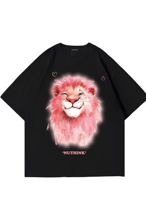 Heavyweight Lion Print Short Sleeve Men's T-Shirt â€“ Trendy Loose Fit Plus Size Summer Style for Couples