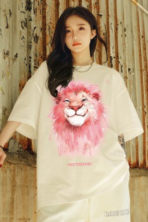 Heavyweight Lion Print Short Sleeve Men's T-Shirt â€“ Trendy Loose Fit Plus Size Summer Style for Couples