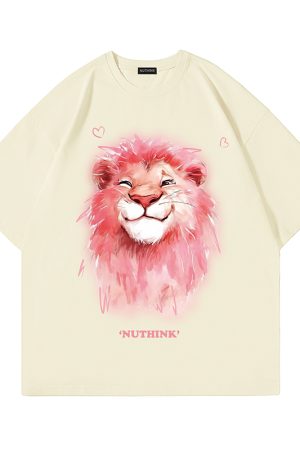 Heavyweight Lion Print Short Sleeve Men's T-Shirt â€“ Trendy Loose Fit Plus Size Summer Style for Couples