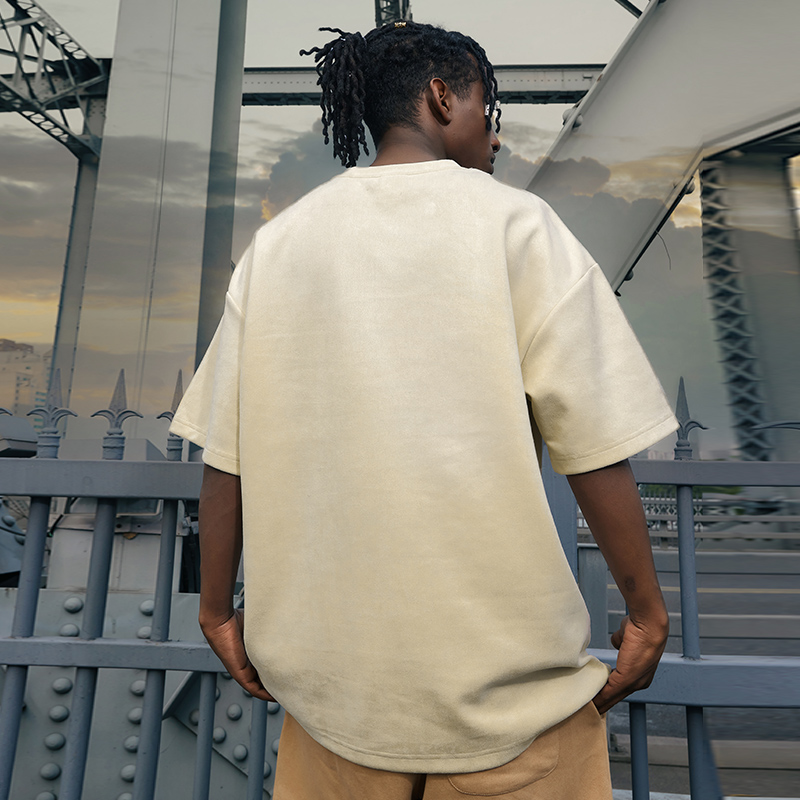 Heavyweight Solid Color Suede Short Sleeve T-Shirt for Men - Loose Fit Trendy Summer Streetwear Top Heavyweight Solid Color Suede Short Sleeve T-Shirt for Men - Loose Fit Trendy Summer Streetwear Top