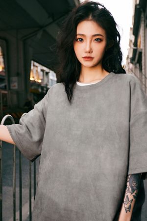 Heavyweight Solid Color Suede Short Sleeve T-Shirt for Men - Loose Fit Trendy Summer Streetwear Top