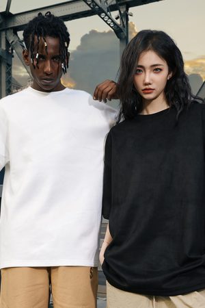 Heavyweight Solid Color Suede Short Sleeve T-Shirt for Men - Loose Fit Trendy Summer Streetwear Top