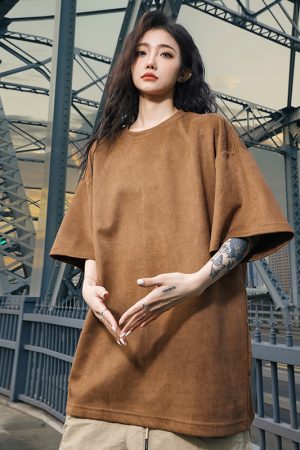 Heavyweight Solid Color Suede Short Sleeve T-Shirt for Men - Loose Fit Trendy Summer Streetwear Top