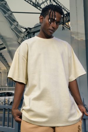 Heavyweight Solid Color Suede Short Sleeve T-Shirt for Men - Loose Fit Trendy Summer Streetwear Top