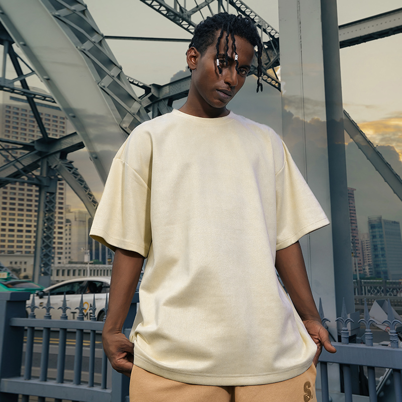 Heavyweight Solid Color Suede Short Sleeve T-Shirt for Men - Loose Fit Trendy Summer Streetwear Top Heavyweight Solid Color Suede Short Sleeve T-Shirt for Men - Loose Fit Trendy Summer Streetwear Top