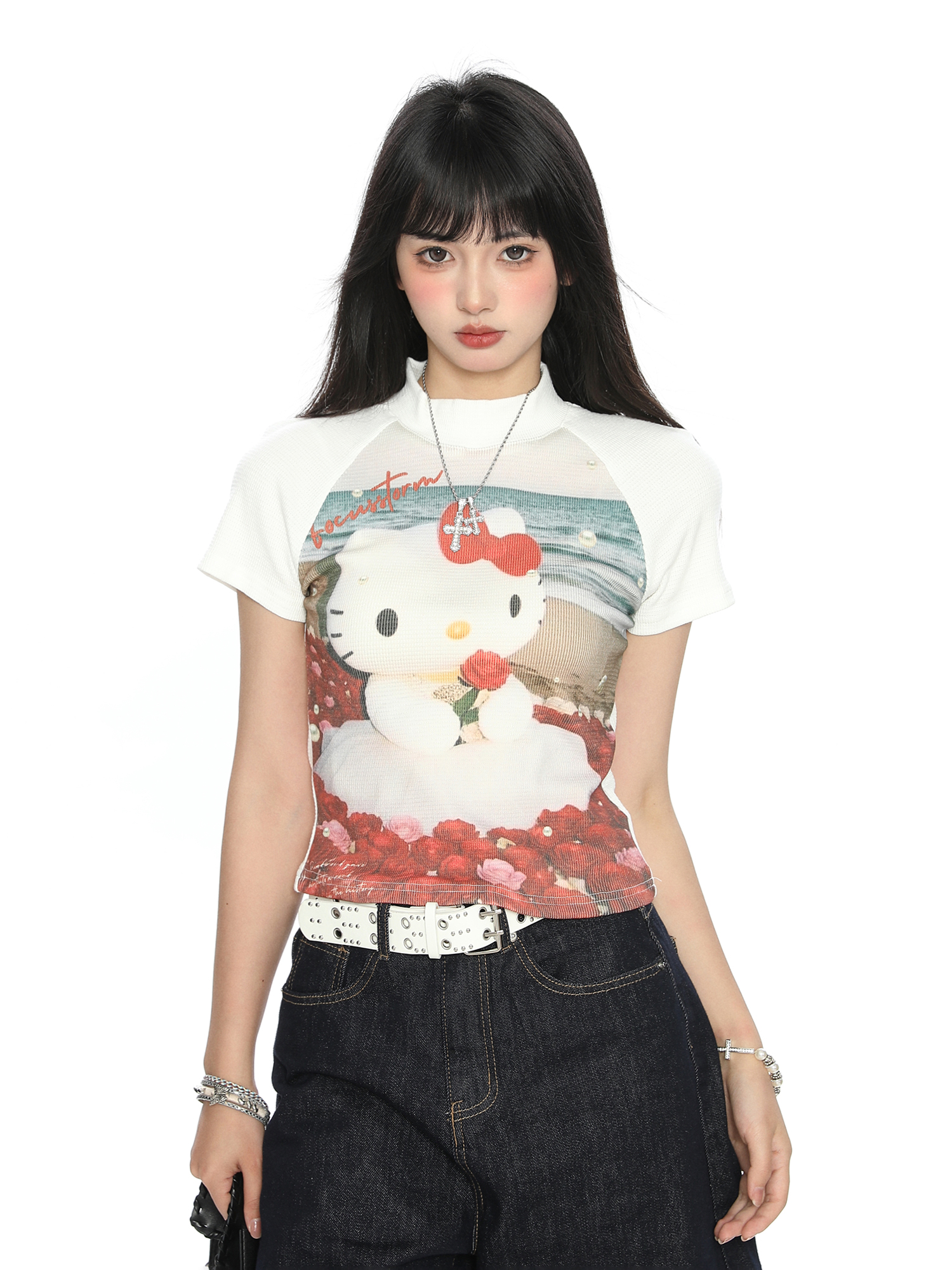 Hello Kitty Cartoon Short Sleeve T-Shirt for Women - Summer Slim Fit Round Neck Top, Cute Y2K Style Hello Kitty Cartoon Short Sleeve T-Shirt for Women - Summer Slim Fit Round Neck Top, Cute Y2K Style