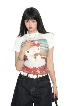 Hello Kitty Cartoon Short Sleeve T-Shirt for Women - Summer Slim Fit Round Neck Top, Cute Y2K Style