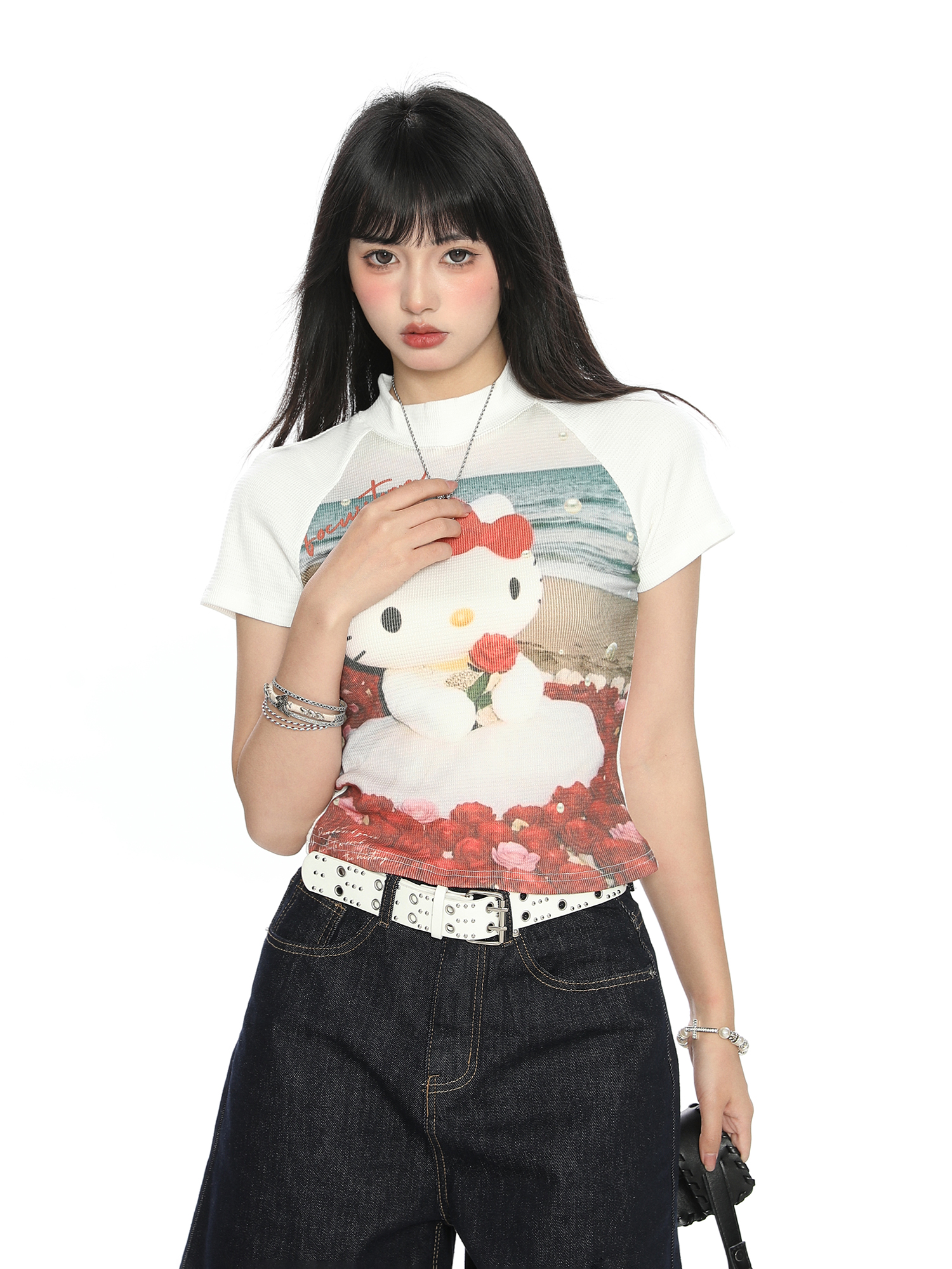 Hello Kitty Cartoon Short Sleeve T-Shirt for Women - Summer Slim Fit Round Neck Top, Cute Y2K Style Hello Kitty Cartoon Short Sleeve T-Shirt for Women - Summer Slim Fit Round Neck Top, Cute Y2K Style