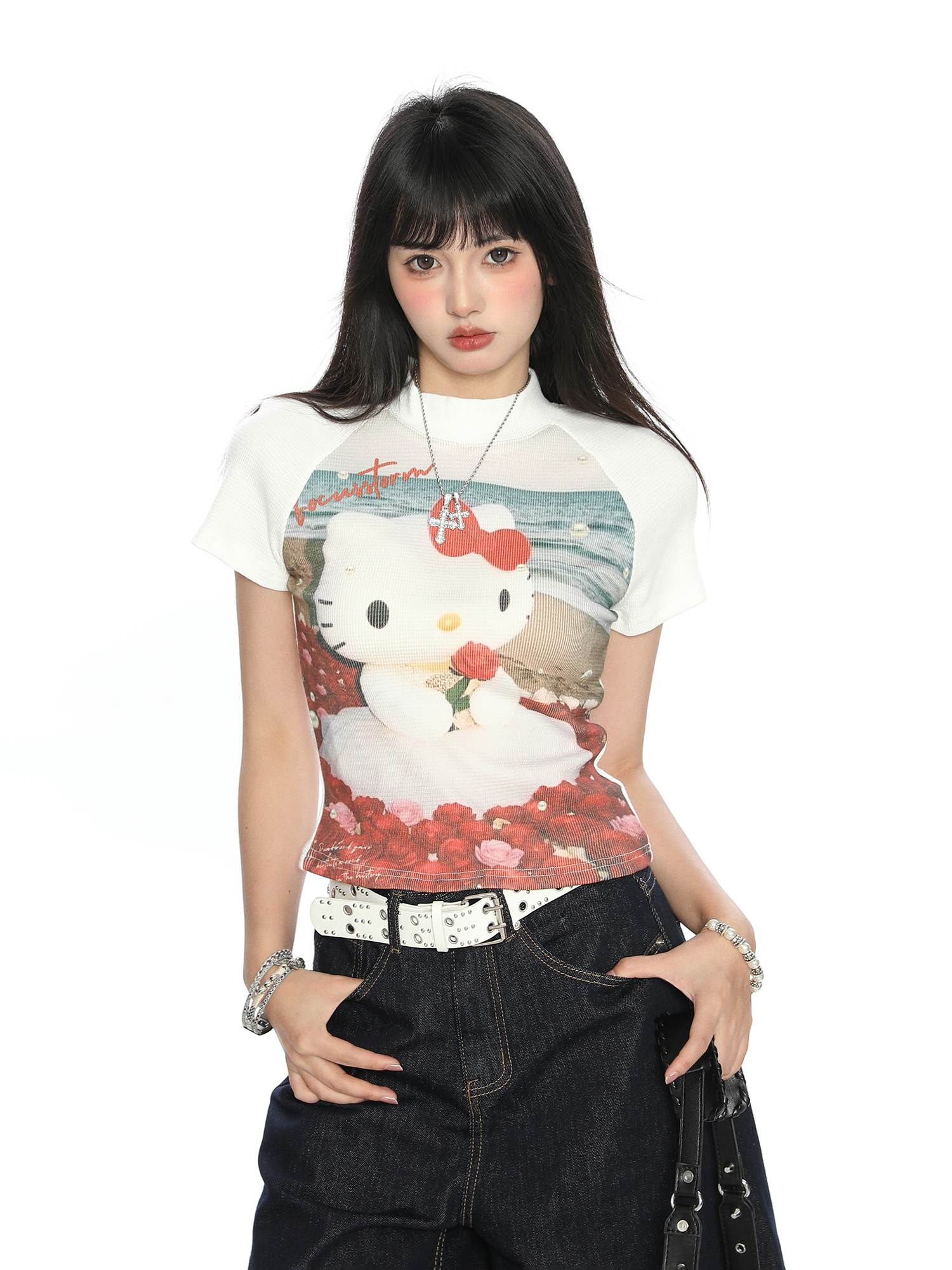 Hello Kitty Cartoon Short Sleeve T-Shirt for Women - Summer Slim Fit Round Neck Top, Cute Y2K Style Hello Kitty Cartoon Short Sleeve T-Shirt for Women - Summer Slim Fit Round Neck Top, Cute Y2K Style