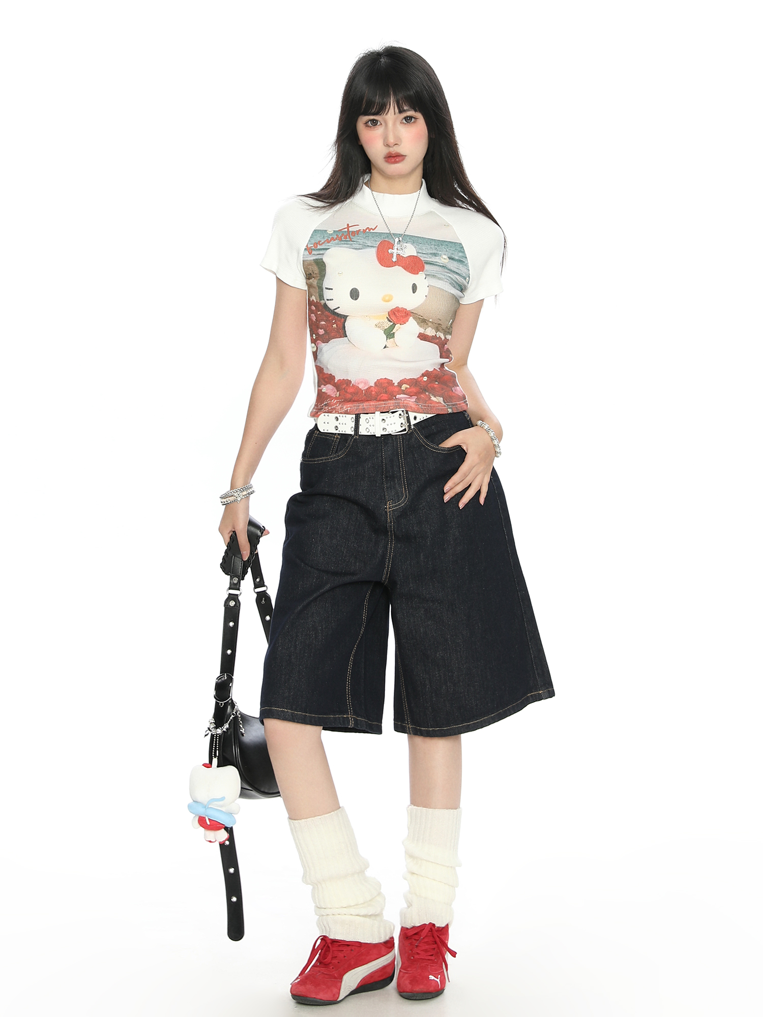 Hello Kitty Cartoon Short Sleeve T-Shirt for Women - Summer Slim Fit Round Neck Top, Cute Y2K Style Hello Kitty Cartoon Short Sleeve T-Shirt for Women - Summer Slim Fit Round Neck Top, Cute Y2K Style