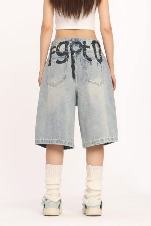 High-End American-Style Ink Spray Blue Jeans - Niche Design Straight Wide-Leg Cropped Pants for Trendy Casual Wear