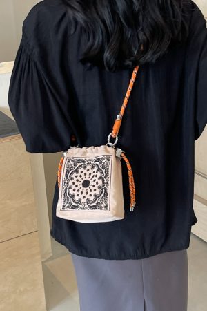 High-End Embroidered Canvas Bucket Bag for Women - Summer 2025 Drawstring Crossbody Phone Bag, Casual Style