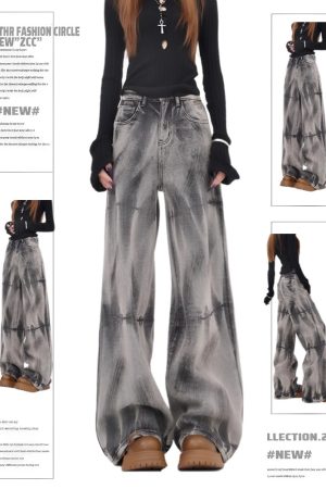 High-End Retro Wasteland Tie-Dye Gray Wide-Leg Jeans for Women - Loose High-Waisted Slim Straight Pants for Autumn & Winter