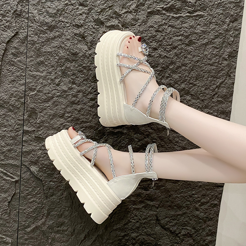 High-End Rhinestone Open-Toe Sandals for Women - 8cm Thick Sole, 2025 Summer Style, Perfect for Skirts, Chic Roman Footwear High-End Rhinestone Open-Toe Sandals for Women - 8cm Thick Sole, 2025 Summer Style, Perfect for Skirts, Chic Roman Footwear