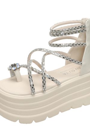 High-End Rhinestone Open-Toe Sandals for Women - 8cm Thick Sole, 2025 Summer Style, Perfect for Skirts, Chic Roman Footwear