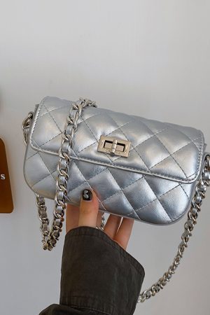 High-End Silver Diamond-Patterned Chain Crossbody Bag for Women - 2025 Minimalist Summer Fashion