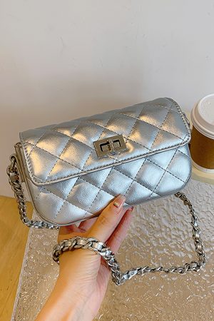 High-End Silver Diamond-Patterned Chain Crossbody Bag for Women - 2025 Minimalist Summer Fashion