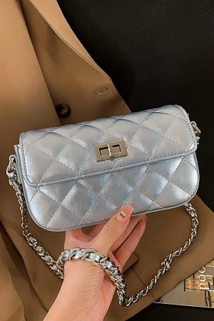High-End Silver Diamond-Patterned Chain Crossbody Bag for Women - 2025 Minimalist Summer Fashion