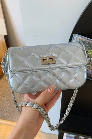 High-End Silver Diamond-Patterned Chain Crossbody Bag for Women - 2025 Minimalist Summer Fashion