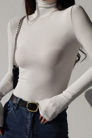 High-Neck Ribbed Long Sleeve T-Shirt - Sexy Slim-Fit Vintage Stretchy Base Layer Top for American Style Fashion