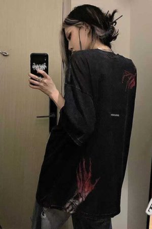 High Street Dark Style Vintage Water-Washed Oversized Short Sleeve T-Shirt for Women - Summer Evil Hand Design