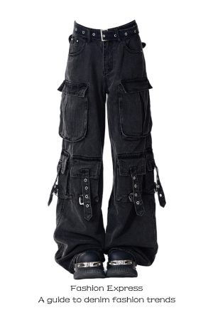 High Street Multi-Pocket Black Denim Workwear Pants for Women - Loose Wide-Leg Floor-Length Style, Autumn/Winter 2025 Fashion