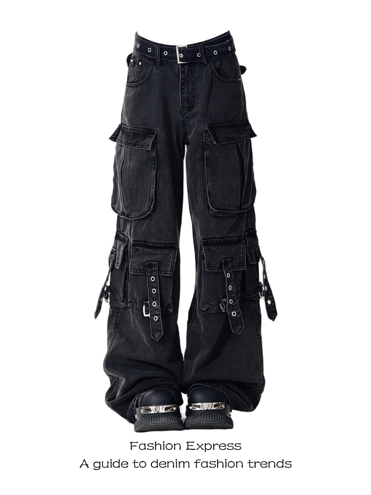High Street Multi-Pocket Black Denim Workwear Pants for Women - Loose Wide-Leg Floor-Length Style, Autumn/Winter 2025 Fashion High Street Multi-Pocket Black Denim Workwear Pants for Women - Loose Wide-Leg Floor-Length Style, Autumn/Winter 2025 Fashion
