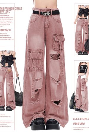 High Street Pink Ripped Jeans for Women, Loose Wide-Leg Floor-Length Pants, Spring Autumn 2025 Fashion
