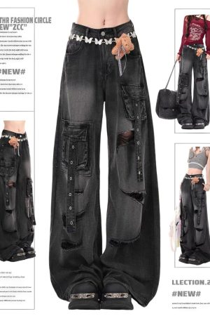High Street Pink Ripped Jeans for Women, Loose Wide-Leg Floor-Length Pants, Spring Autumn 2025 Fashion