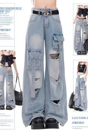 High Street Pink Ripped Jeans for Women, Loose Wide-Leg Floor-Length Pants, Spring Autumn 2025 Fashion