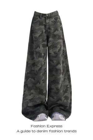 High Street Retro Camouflage Workwear Jeans for Women - 2025 Straight Wide-Leg Pants, American Style, Trendy Fashion