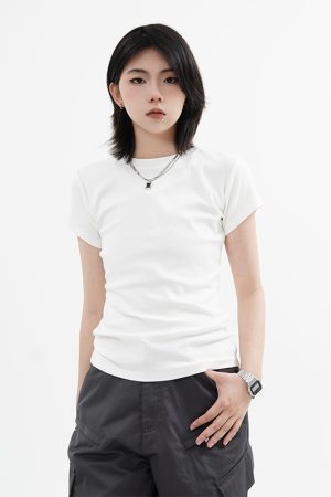 High Street Solid Color Short-Sleeve T-Shirt for Men and Women, Retro Straight Shoulder Small Collar, Fitted Y2K Style Top