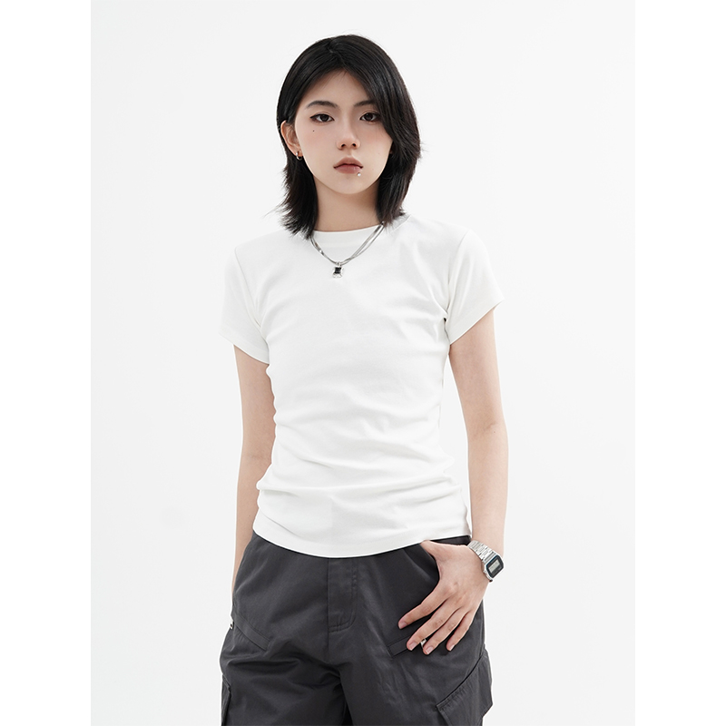 High Street Solid Color Short-Sleeve T-Shirt for Men and Women, Retro Straight Shoulder Small Collar, Fitted Y2K Style Top High Street Solid Color Short-Sleeve T-Shirt for Men and Women, Retro Straight Shoulder Small Collar, Fitted Y2K Style Top