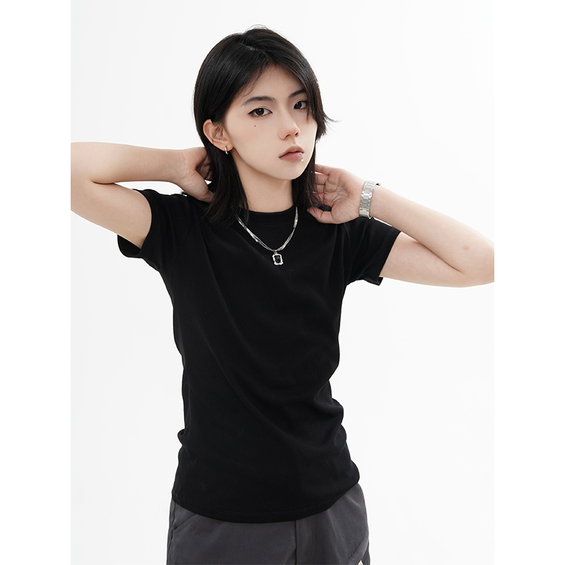 High Street Solid Color Short-Sleeve T-Shirt for Men and Women, Retro Straight Shoulder Small Collar, Fitted Y2K Style Top High Street Solid Color Short-Sleeve T-Shirt for Men and Women, Retro Straight Shoulder Small Collar, Fitted Y2K Style Top