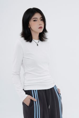 High Street Solid Color Short-Sleeve T-Shirt for Men and Women, Retro Straight Shoulder Small Collar, Fitted Y2K Style Top