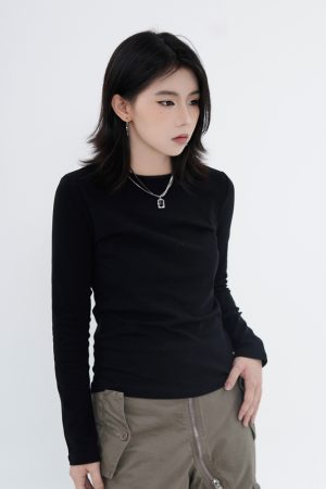 High Street Solid Color Short-Sleeve T-Shirt for Men and Women, Retro Straight Shoulder Small Collar, Fitted Y2K Style Top