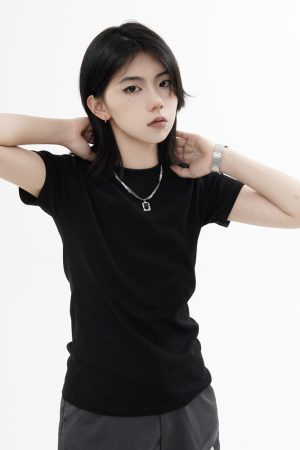 High Street Solid Color Short-Sleeve T-Shirt for Men and Women, Retro Straight Shoulder Small Collar, Fitted Y2K Style Top