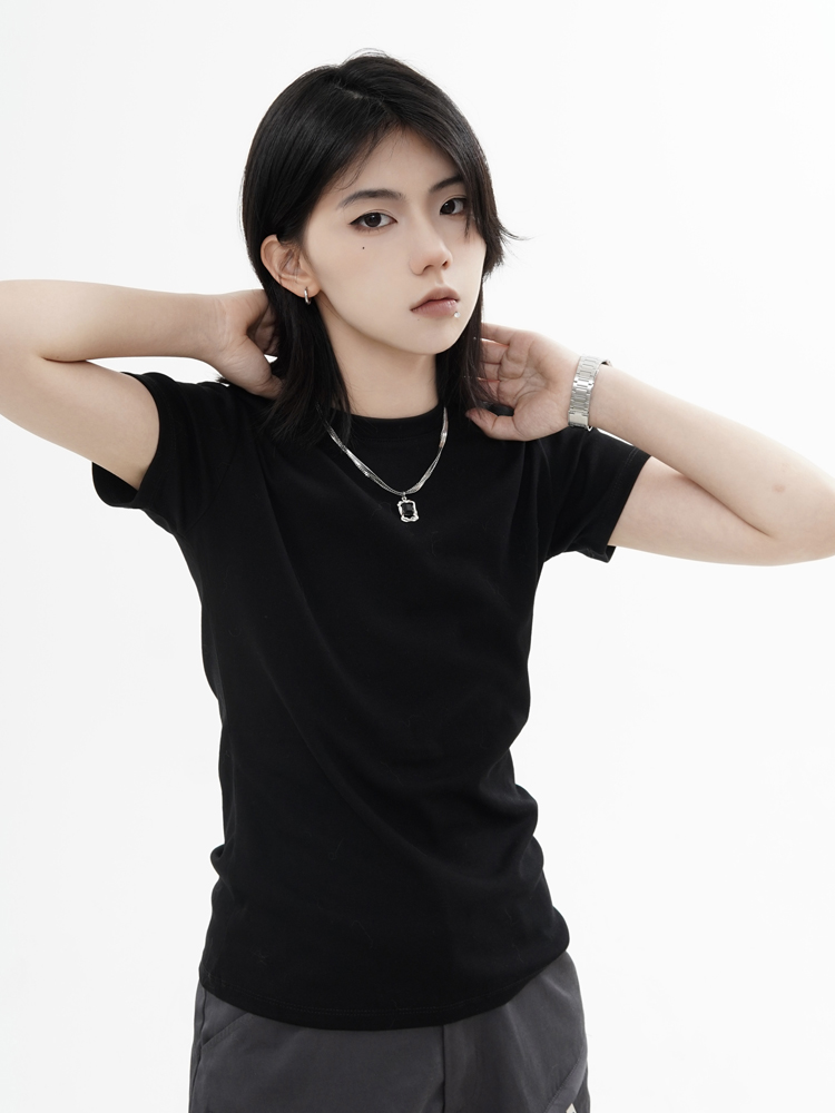 High Street Solid Color Short-Sleeve T-Shirt for Men and Women, Retro Straight Shoulder Small Collar, Fitted Y2K Style Top High Street Solid Color Short-Sleeve T-Shirt for Men and Women, Retro Straight Shoulder Small Collar, Fitted Y2K Style Top