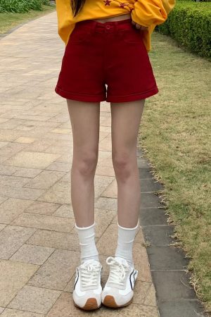 High Waist A-Line Denim Shorts for Women - Red Tight Fitted Hot Pants for Summer 2025, Trendy Hot Girl Style