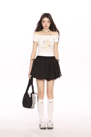 High Waist College Style Floral Puff Skirt - Women's A-Line Slim Fit Drawstring Short Skirt, 90s Inspired Ballet Style