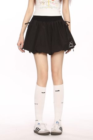 High Waist College Style Floral Puff Skirt - Women's A-Line Slim Fit Drawstring Short Skirt, 90s Inspired Ballet Style